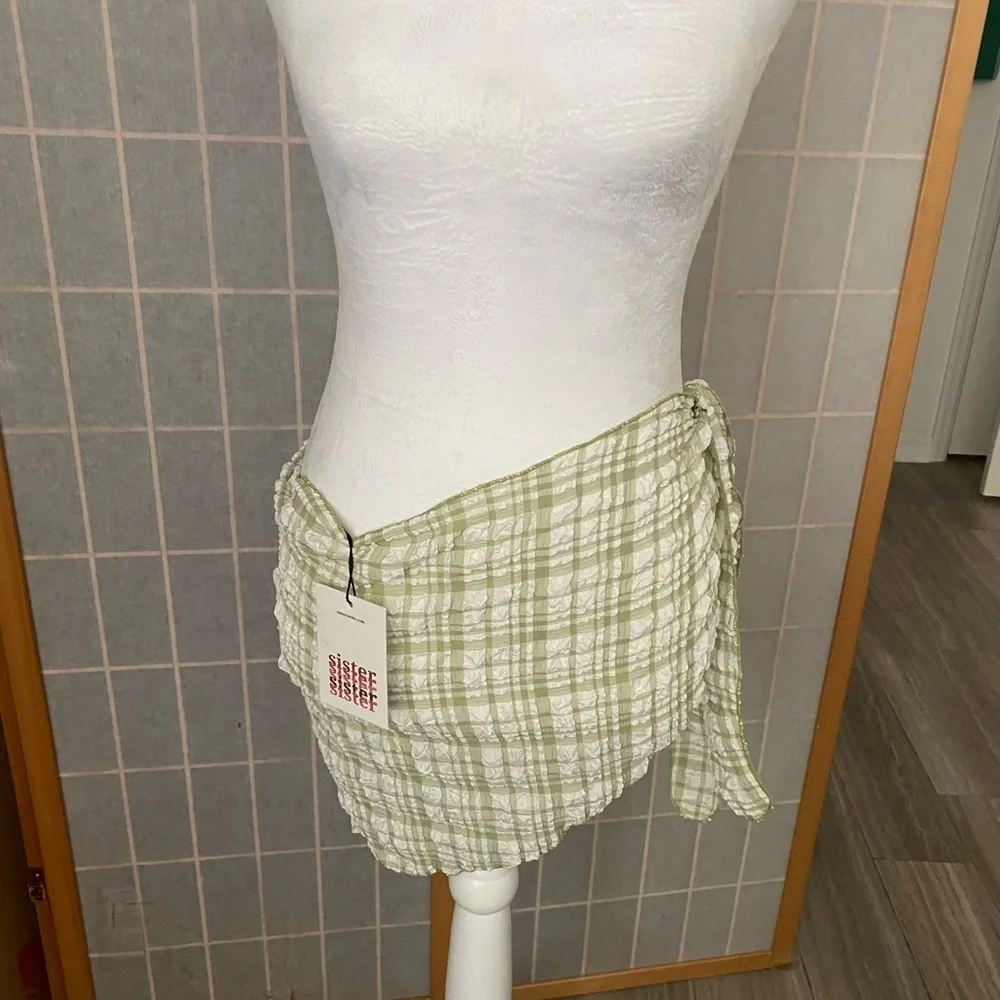 SISTER SWIM Katy Mini Sarong-Tie Green White Checkered Swim Skirt Cover One Size
